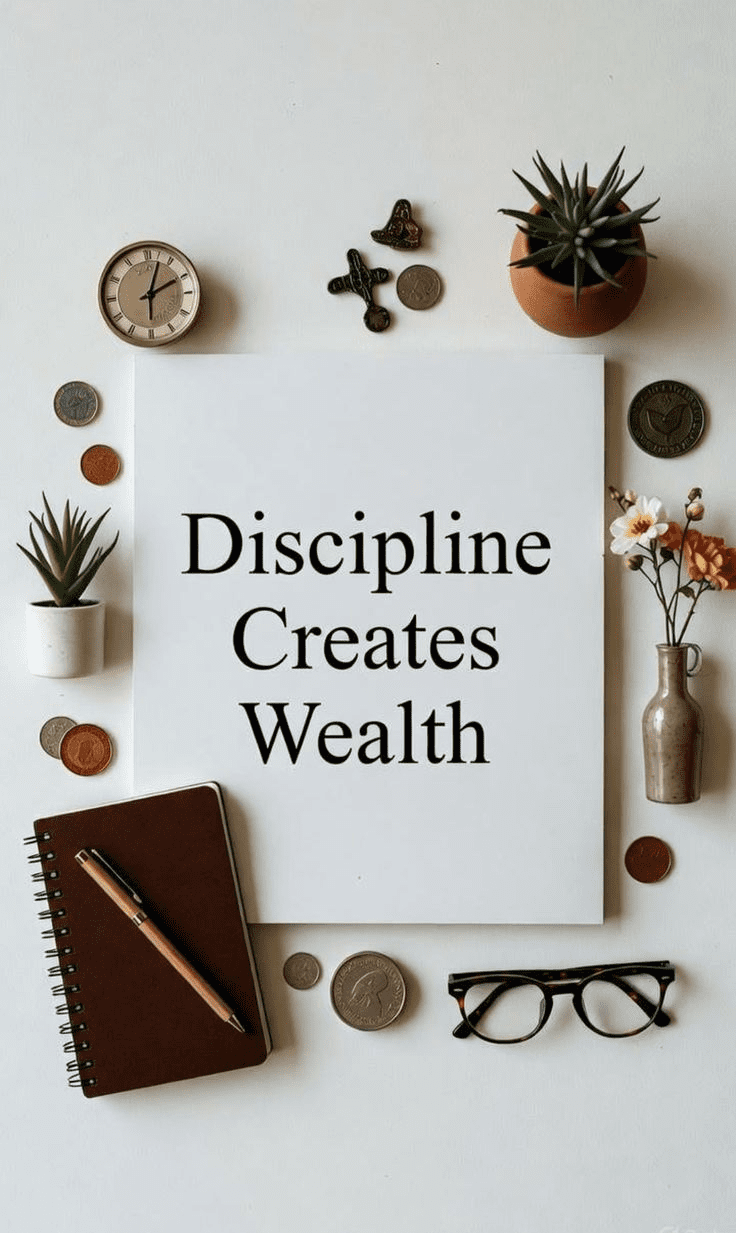 Home discipline creates wealth minimal motivational flat lay