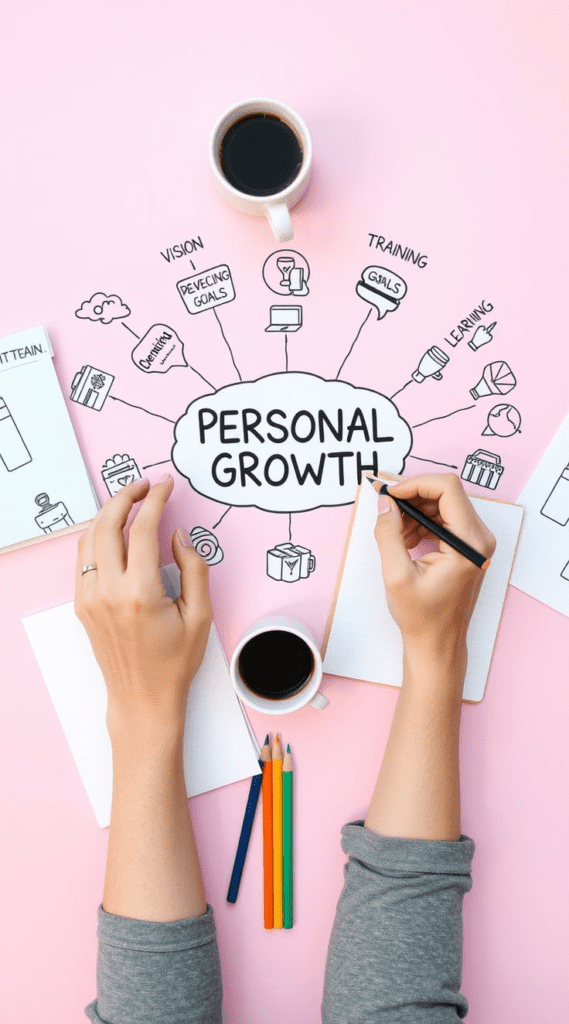 Top 10 ideas for personal growth shown in a planner, notebook, and daily self-improvement workspace